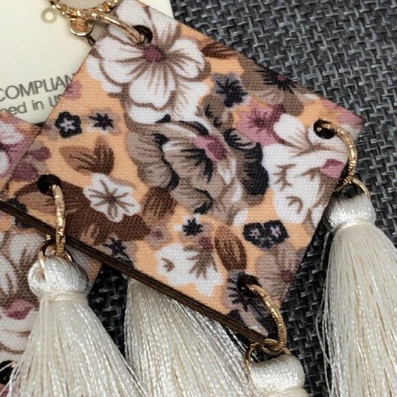 Floral Square Wood Triple Tassel Dangle Earrings - Picture 4 of 6